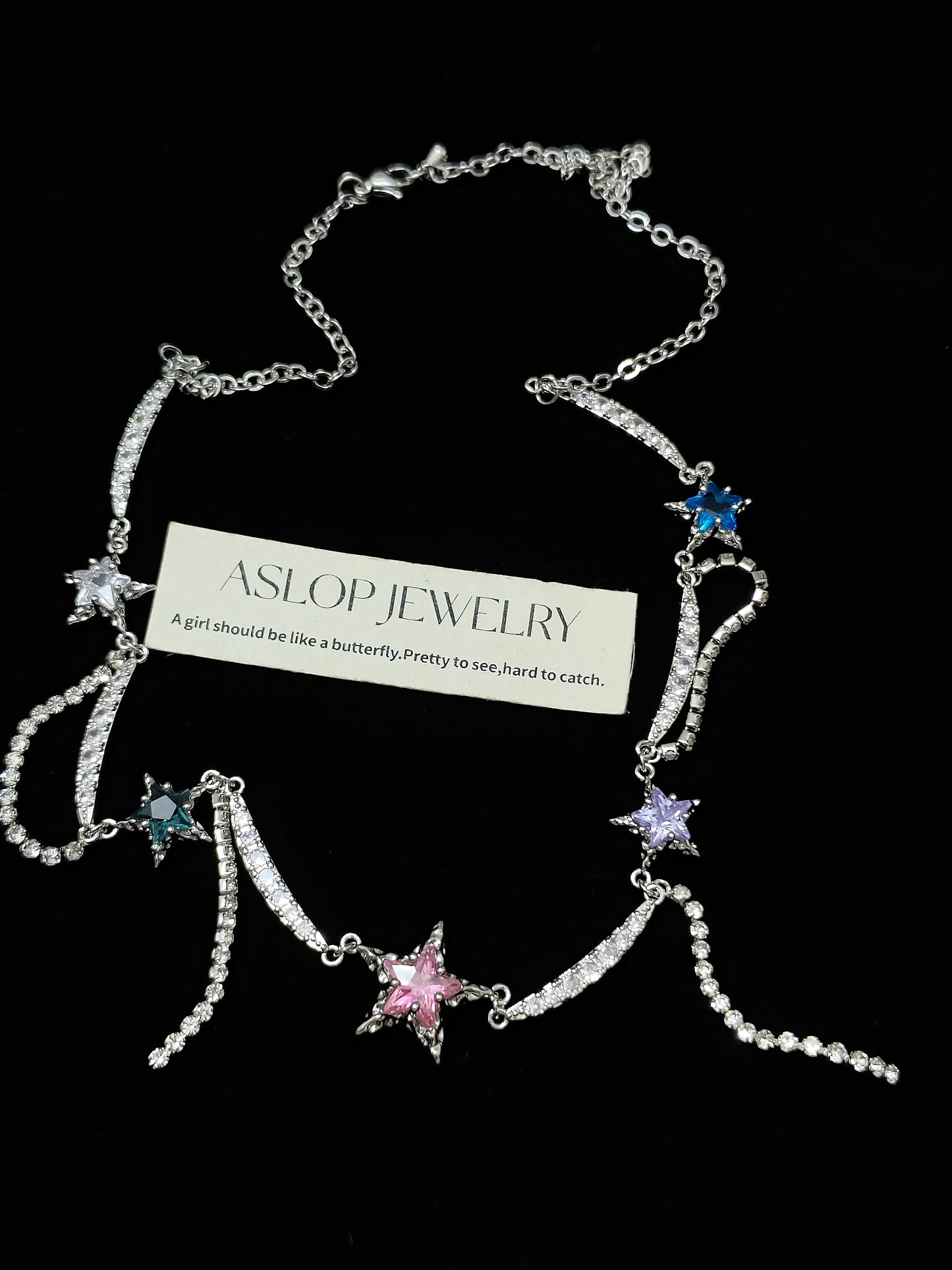 Y2K Star Rhinestone Choker Necklace - Fairy Grunge Jewelry close-up detail view showing silver finish