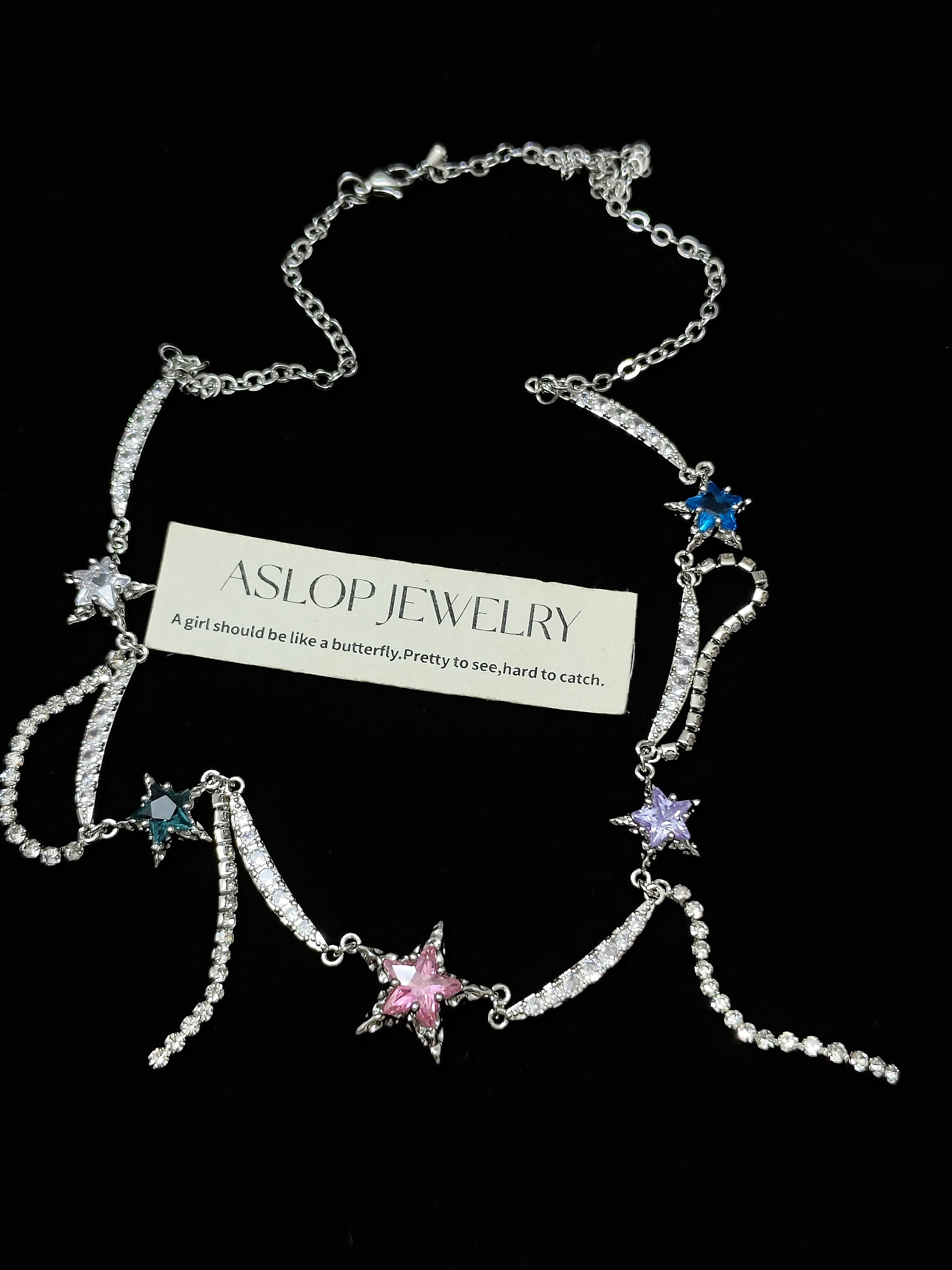 Y2K Star Rhinestone Choker Necklace - Fairy Grunge Jewelry close-up detail view showing silver finish