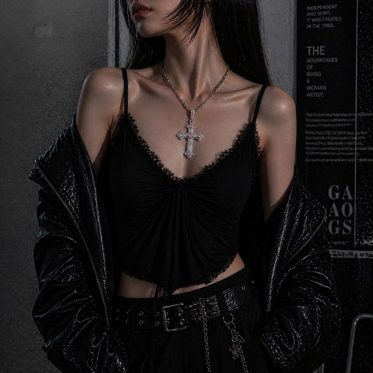 Gothic Cross Necklace worn around neck, dark moody background – Aslop Treasure