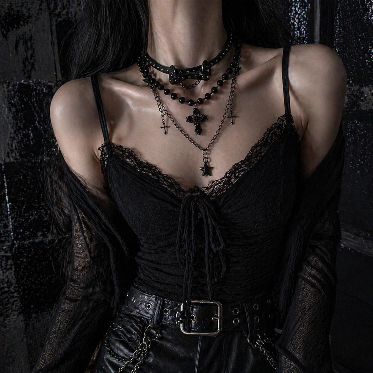 All-Black Layered Cross Choker Necklace on mannequin bust, front view close-up