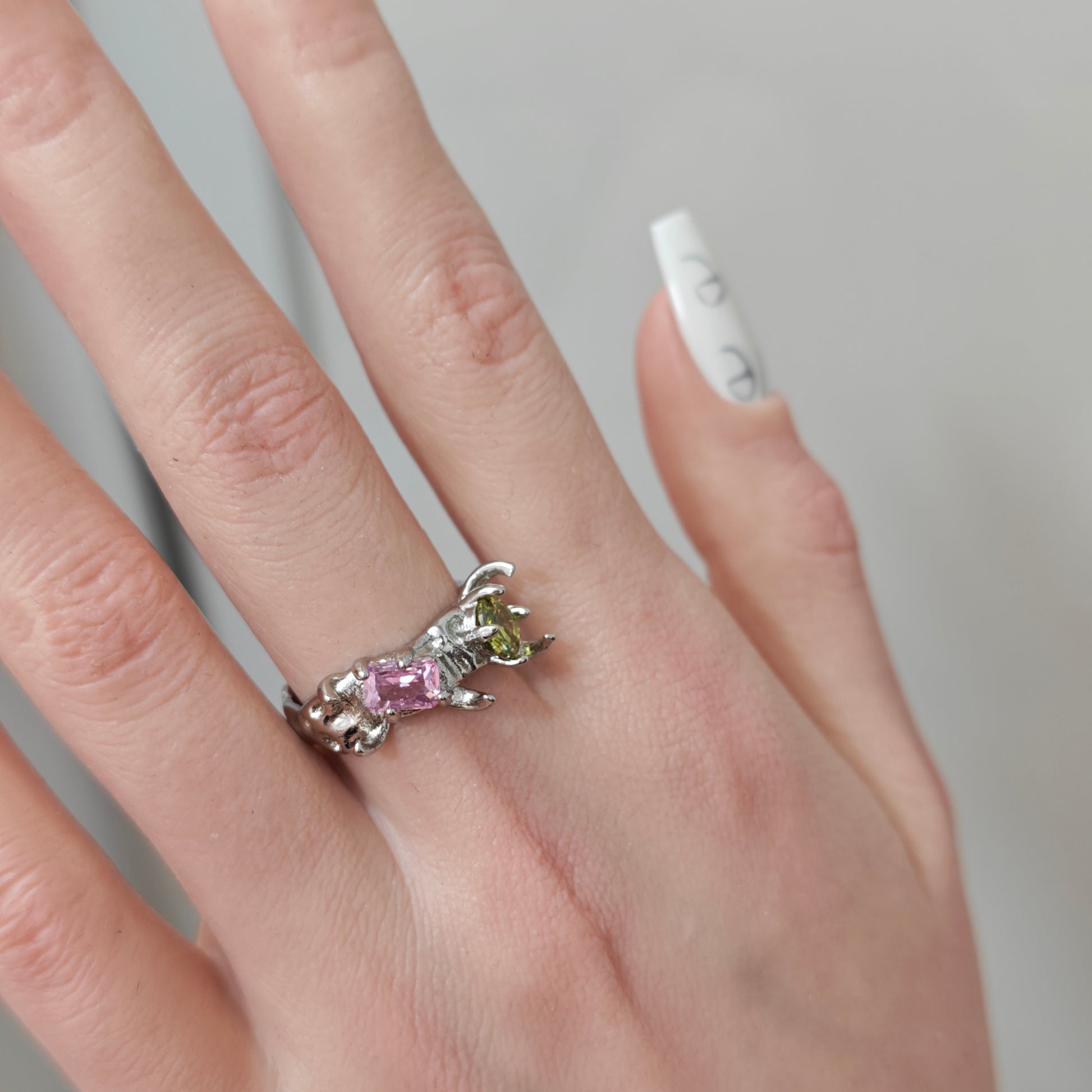 Colorful Zircon Claw Ring detail view 1, silver finish alternative dark aesthetic