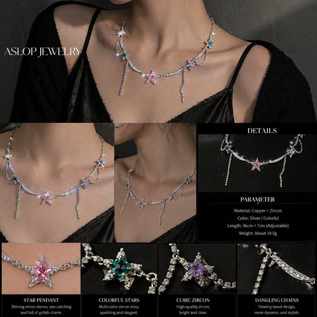 Y2K Star Rhinestone Choker Necklace - Fairy Grunge Jewelry in open black velvet jewelry box, angled view