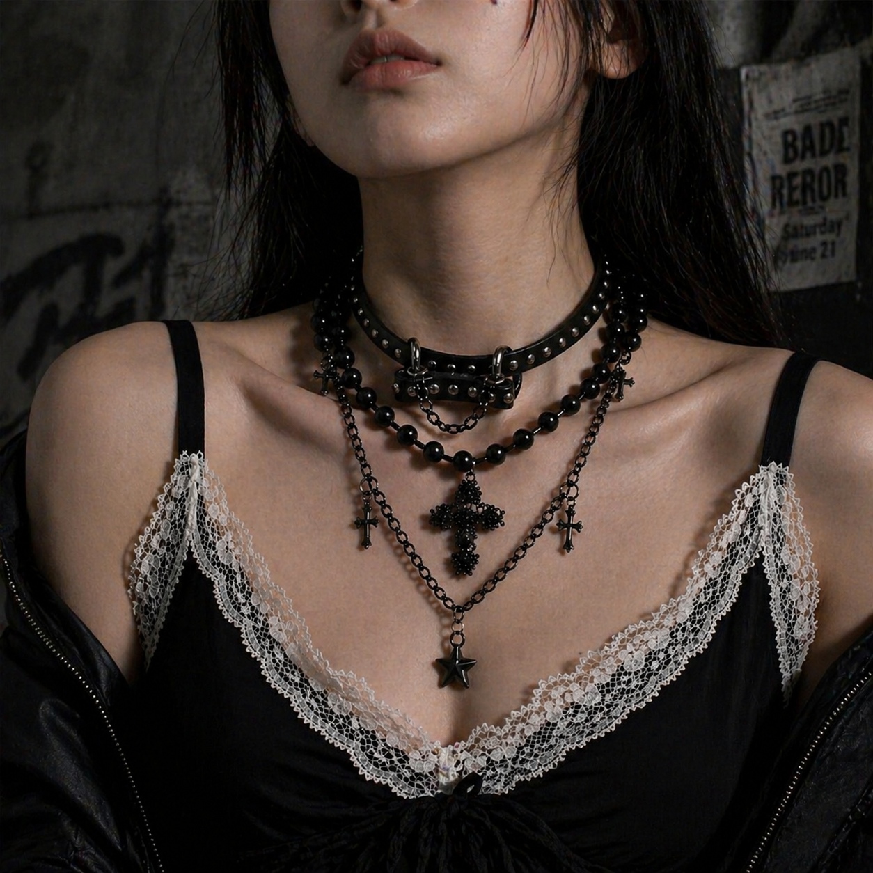All-Black Layered Cross Choker Necklace detail view 2, dark red finish gothic dark aesthetic