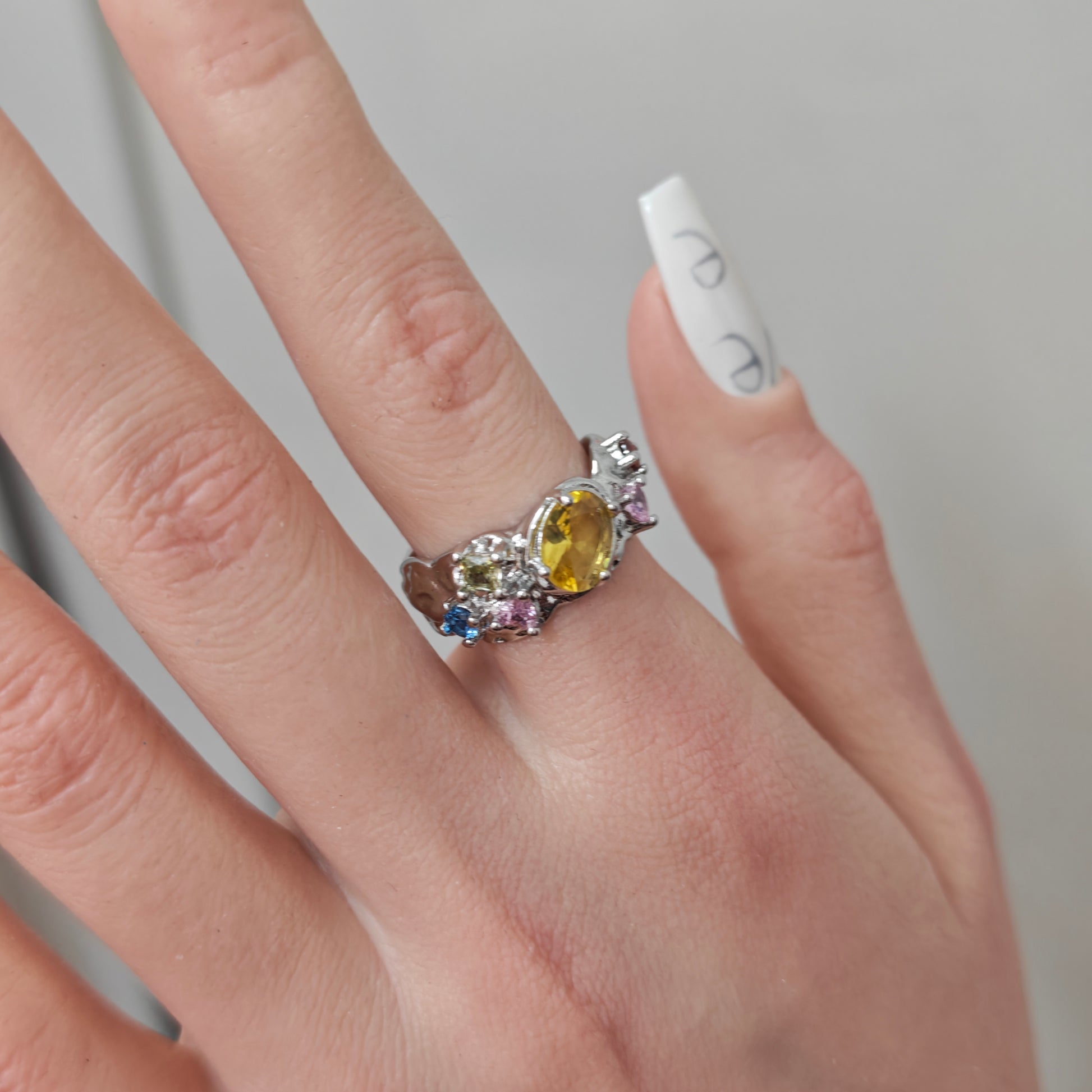 Colorful Zircon Claw Ring detail view 3, silver finish alternative dark aesthetic