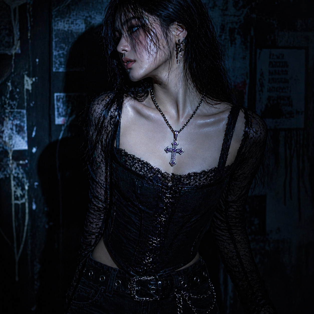 Gothic Cross Necklace in open black velvet jewelry box, angled view
