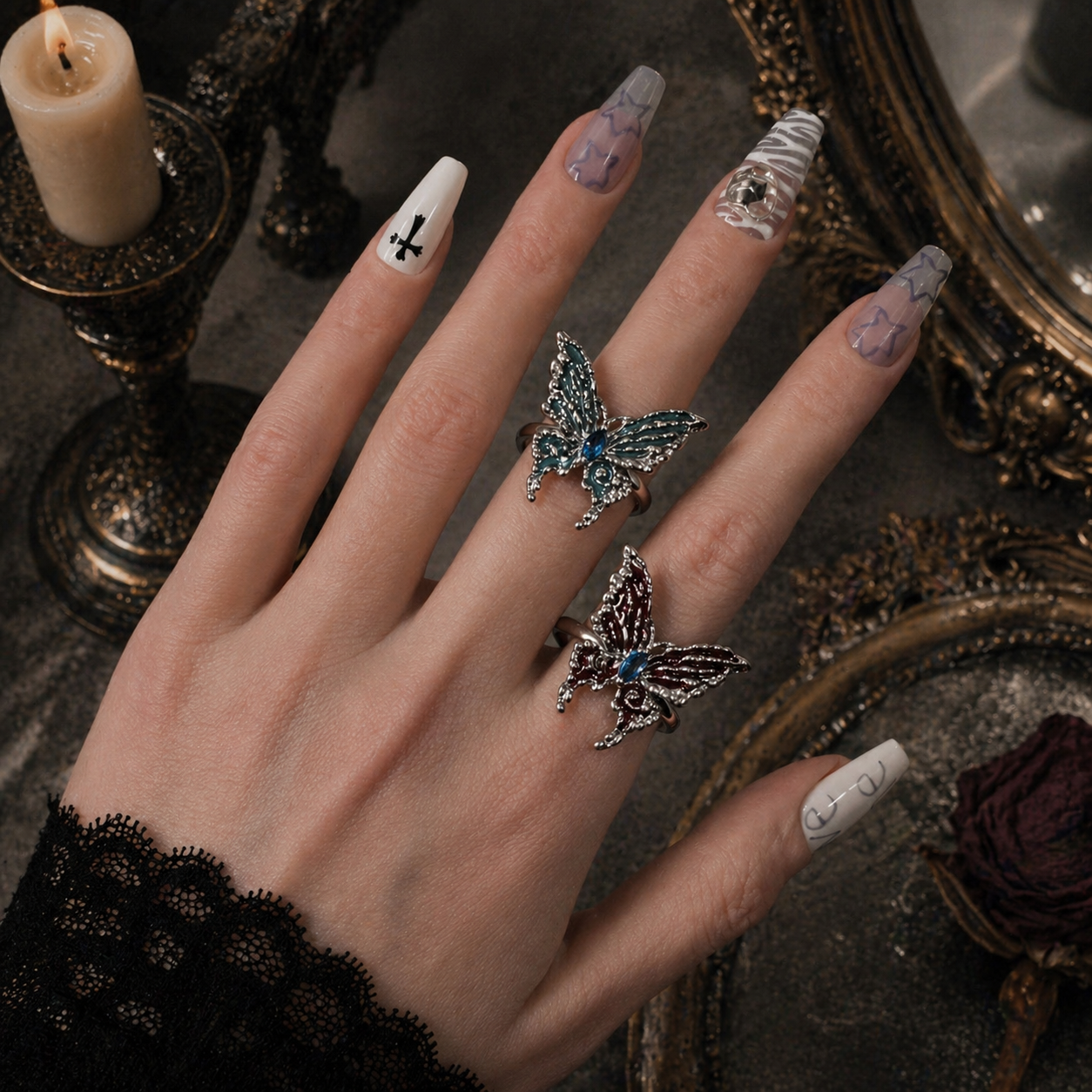 Red Enamel Butterfly Ring worn on finger, dark moody background – Aslop Treasure