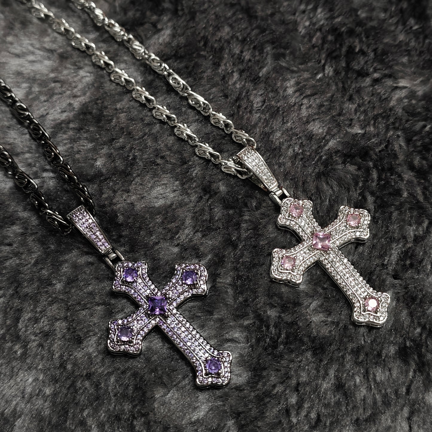 Gothic Cross Necklace in open black velvet jewelry box, overhead flat lay