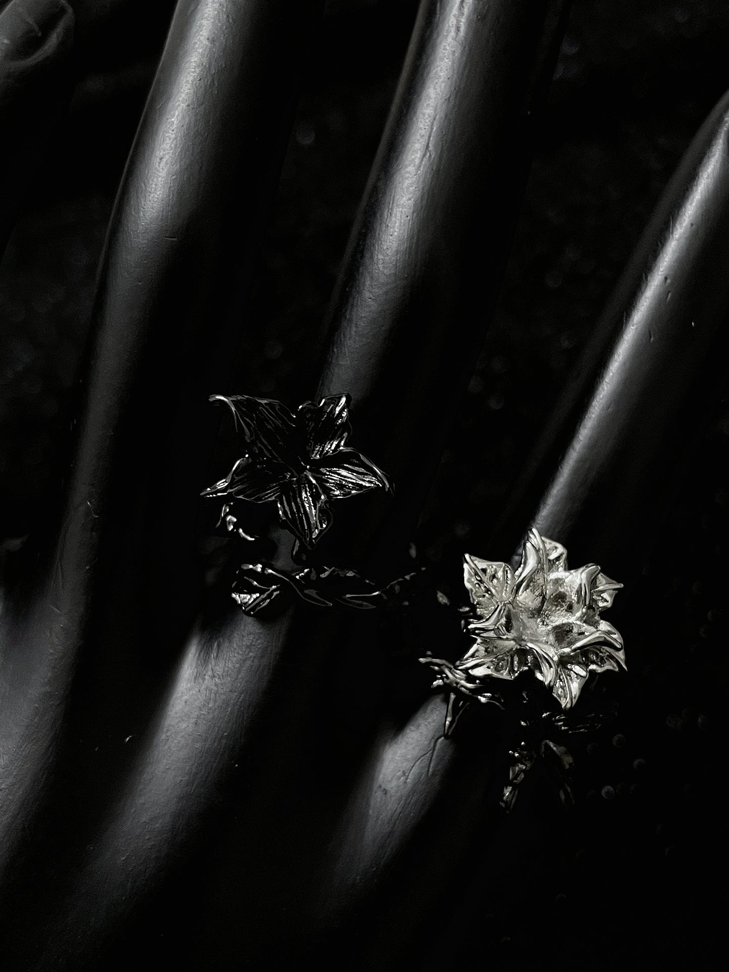 Black Rose Ring Set | Gothic Floral Stacking Rings | Dark Romantic Jewelry | Adjustable Open Band