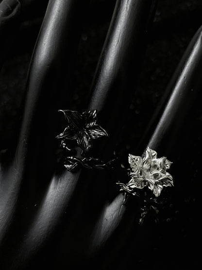 Black Rose Ring Set | Gothic Floral Stacking Rings | Dark Romantic Jewelry | Adjustable Open Band