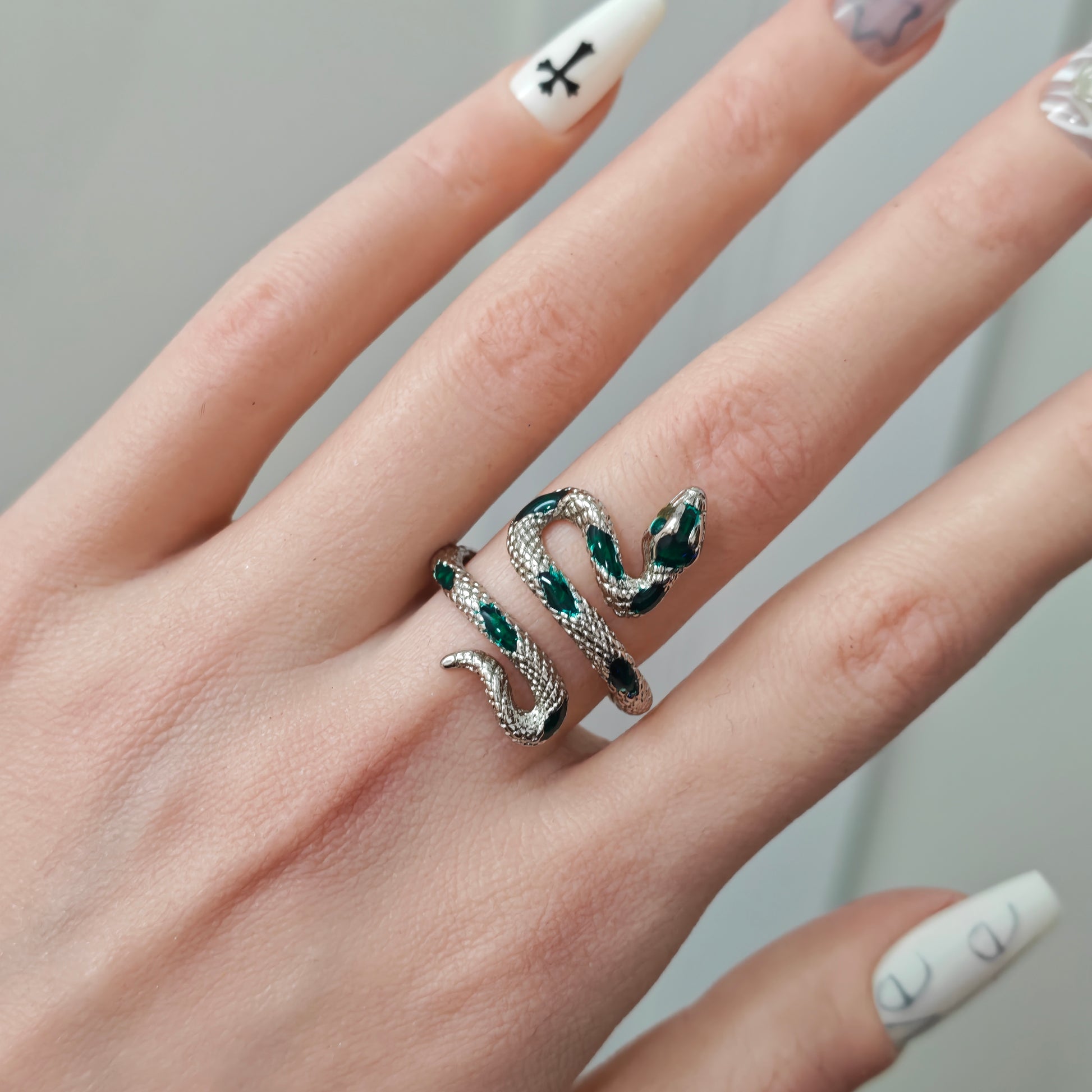 Green Snake Ring & Band Bracelet Set side view detail, alternative dark aesthetic