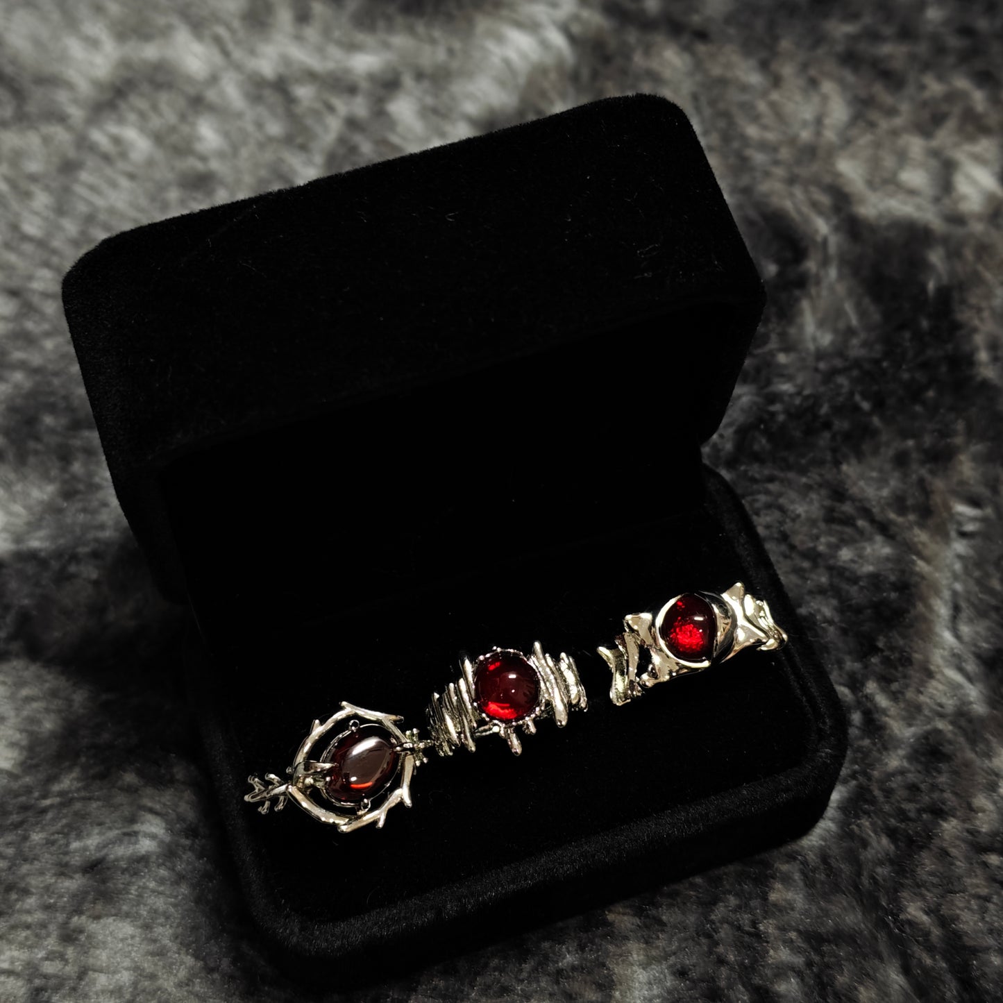Red Cabochon Dark Silver Ring Set close-up detail view showing silver dark finish