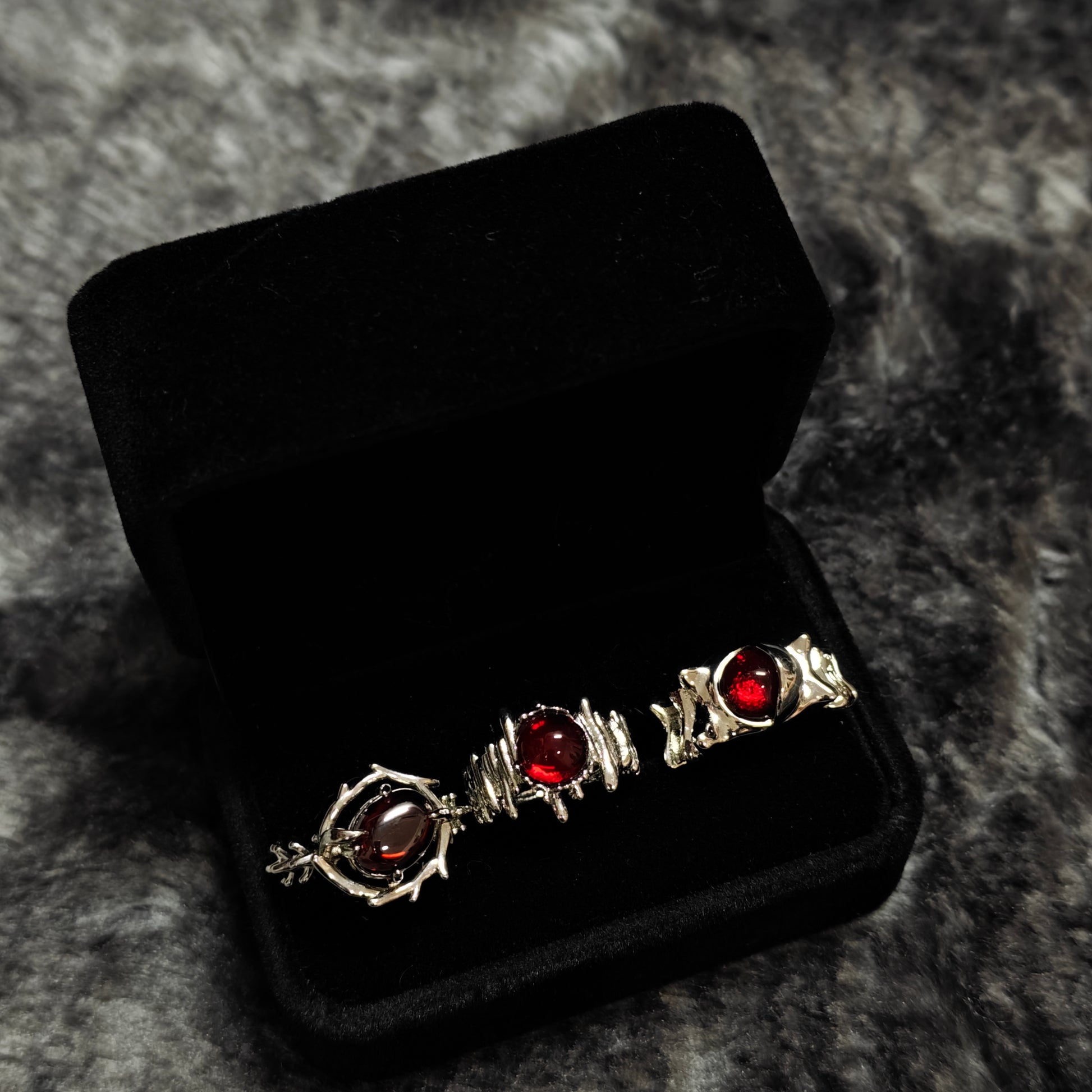 Red Cabochon Dark Silver Ring Set close-up detail view showing silver dark finish