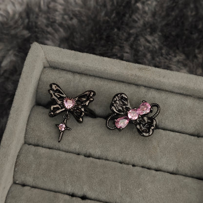 Pink Flutter Duo: Adjustable Butterfly Heart & Crystal Stacking Rings