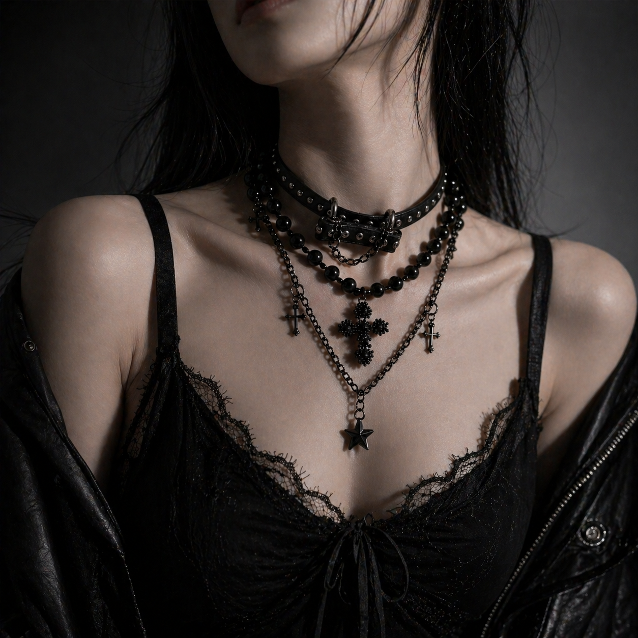 All-Black Layered Cross Choker Necklace worn around neck, dark moody background – Aslop Treasure