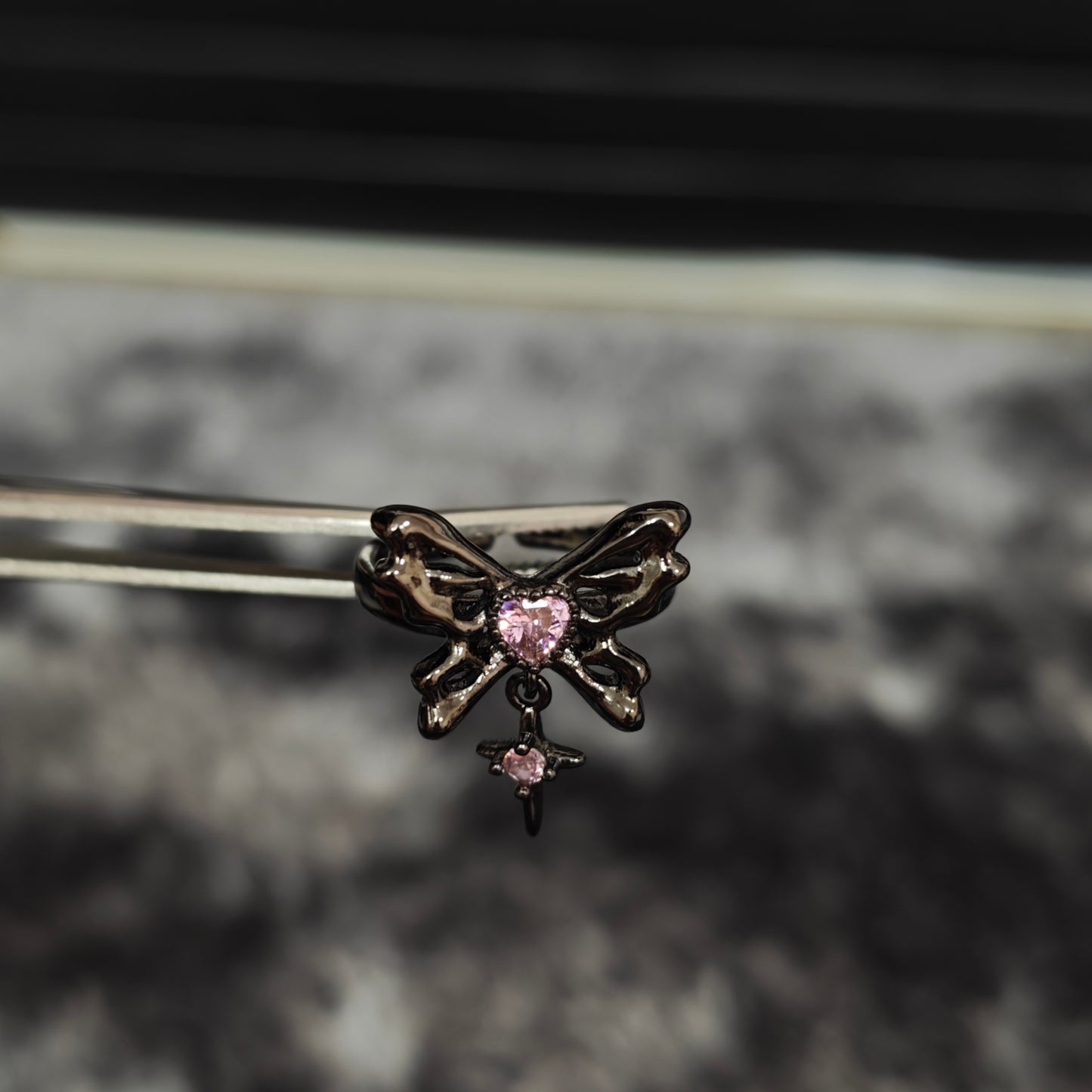 Pink Flutter Duo: Adjustable Butterfly Heart & Crystal Stacking Rings