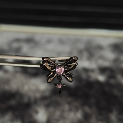 Pink Flutter Duo: Adjustable Butterfly Heart & Crystal Stacking Rings