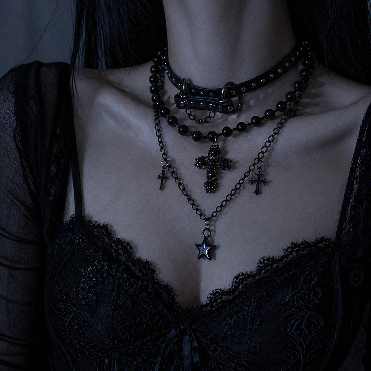All-Black Layered Cross Choker Necklace in open Aslop Jewelry white gift box, overhead flat view