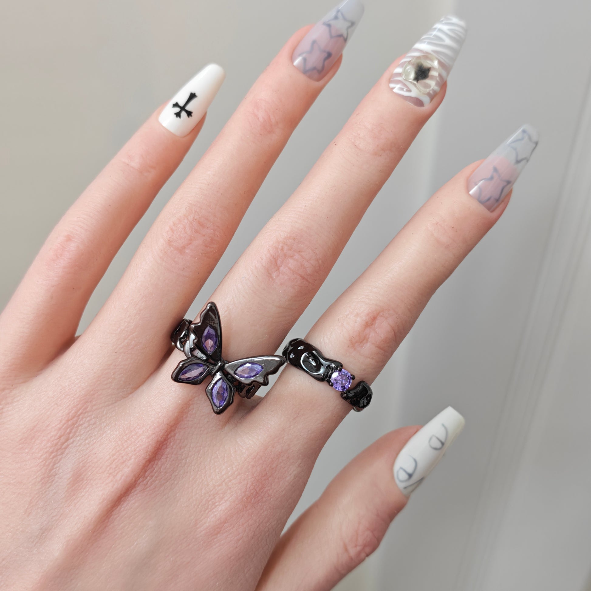 Gothic Purple Butterfly Adjustable Ring detail view 2, dark purple finish gothic dark aesthetic