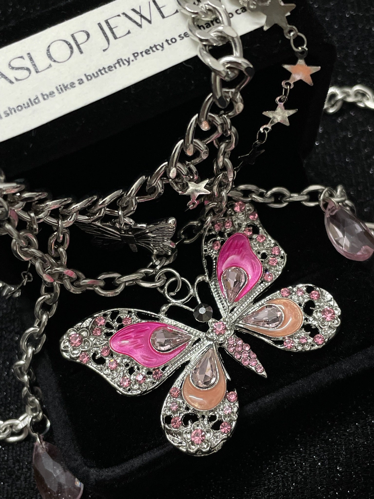 Pink Butterfly Charm Necklace side view detail, Y2K alternative style