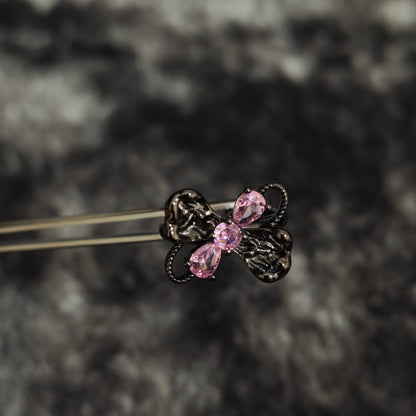Pink Flutter Duo: Adjustable Butterfly Heart & Crystal Stacking Rings
