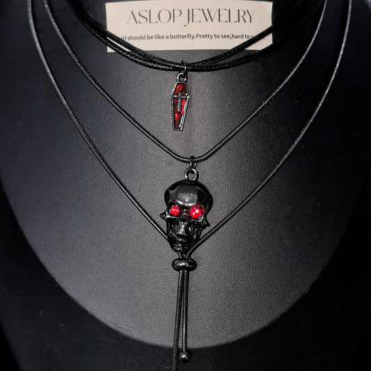 Gothic Red-Eyed Skull & Coffin Pendant Necklace - Dark Aesthetic Grunge Jewelry