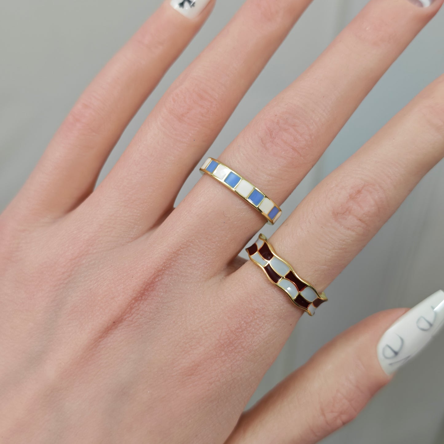Checkerboard Enamel Band Ring side view detail, alternative dark aesthetic