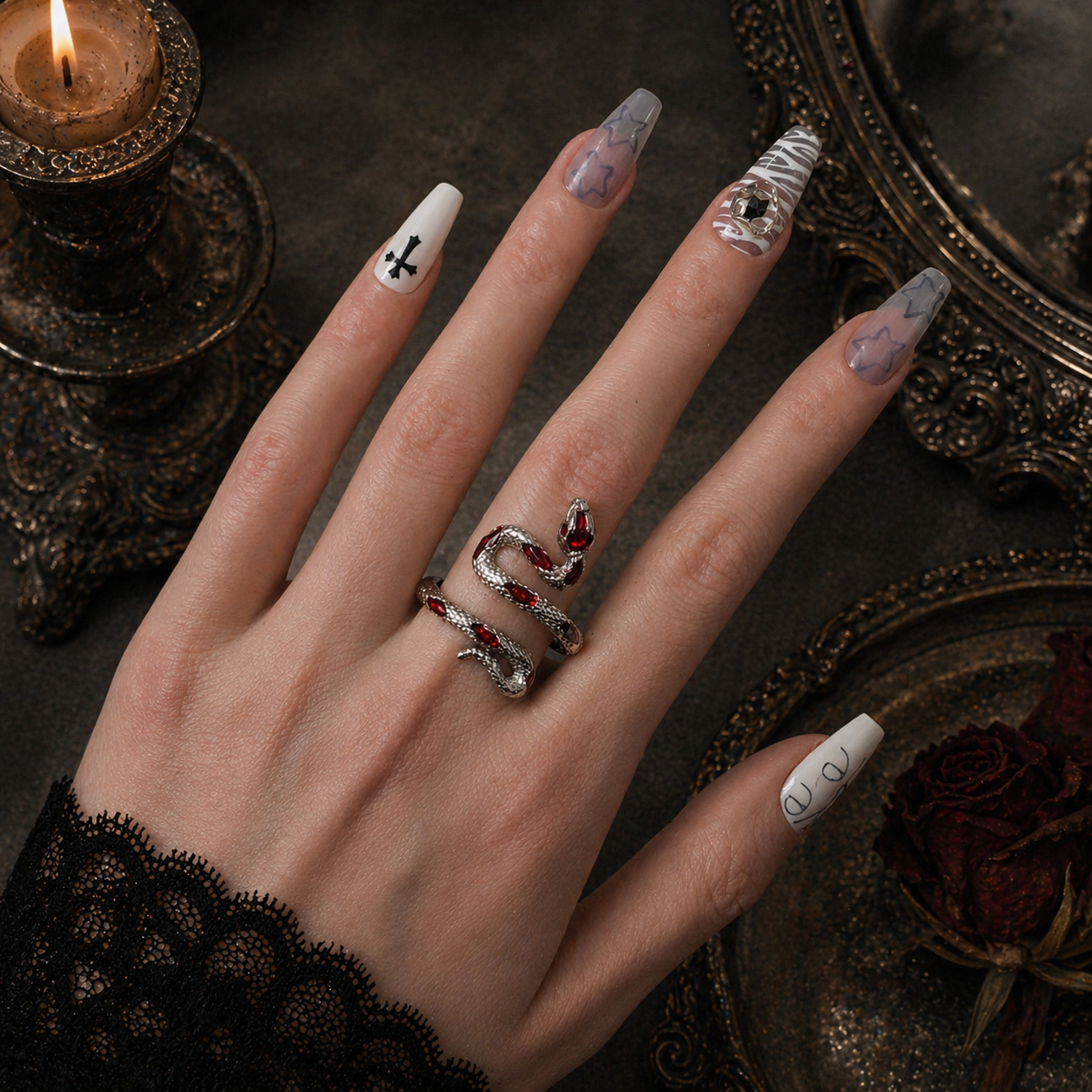 Red Enamel Snake Ring worn on finger, dark moody background – Aslop Treasure