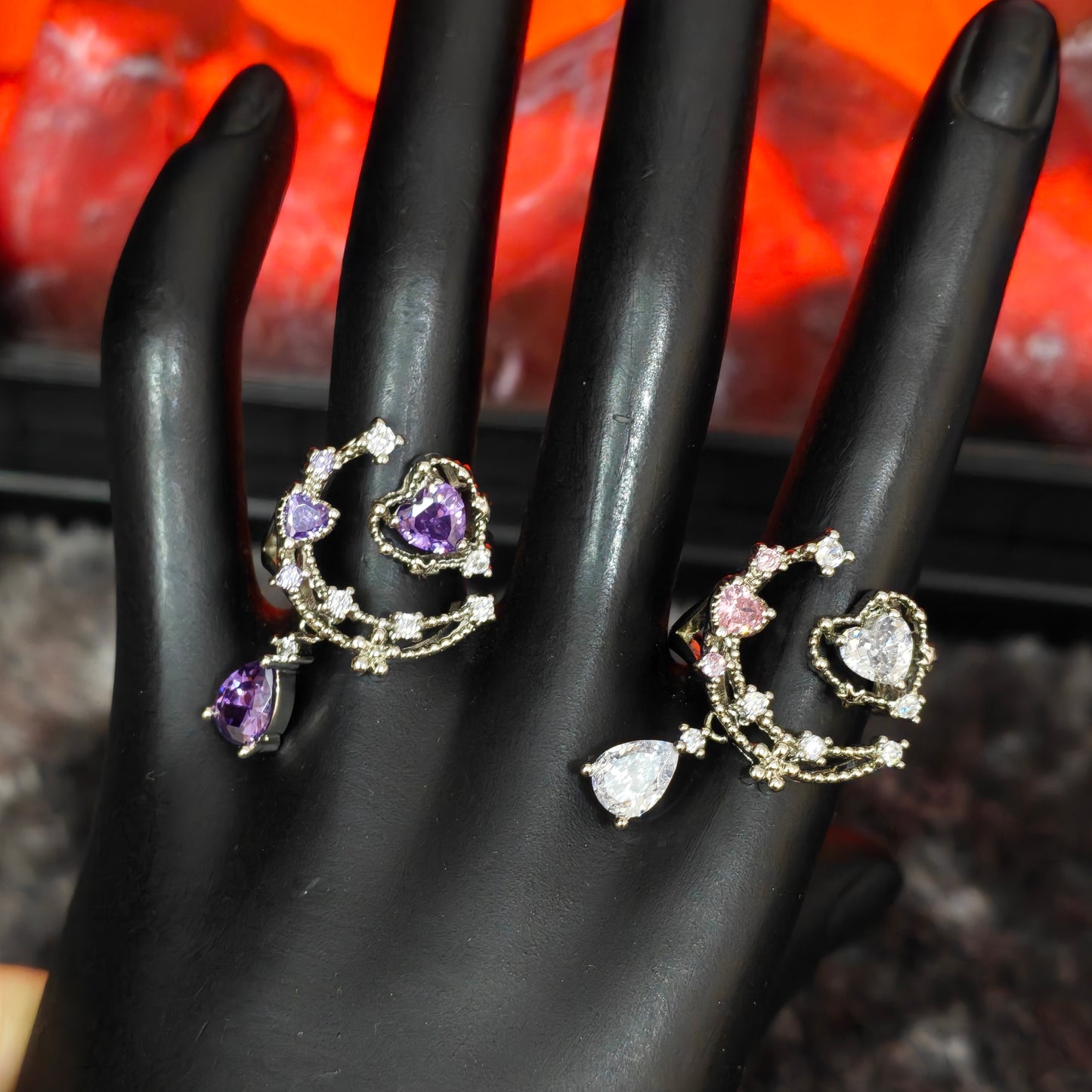 Heart Drop Chain Ring detail view 2, silver finish alternative dark aesthetic