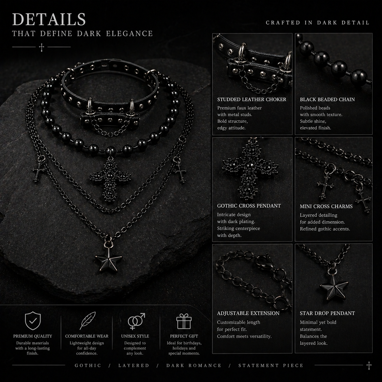 All-Black Layered Cross Choker Necklace in open black velvet jewelry box, overhead flat lay