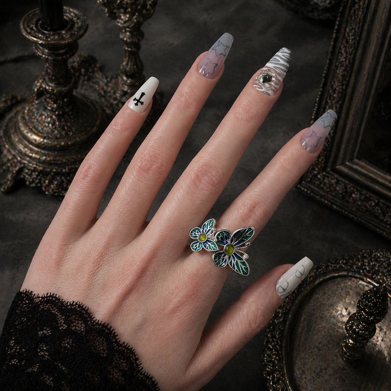 Double Butterfly Enamel Ring worn on finger, dark moody background – Aslop Treasure