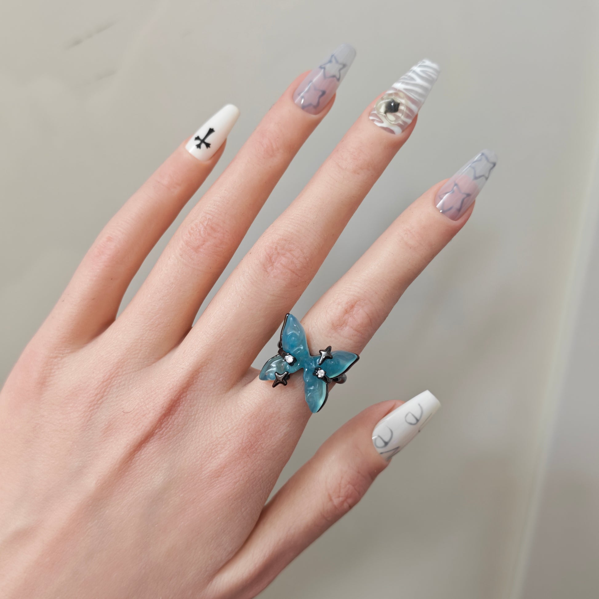 Blue Butterfly Resin Ring side view detail, alternative dark aesthetic