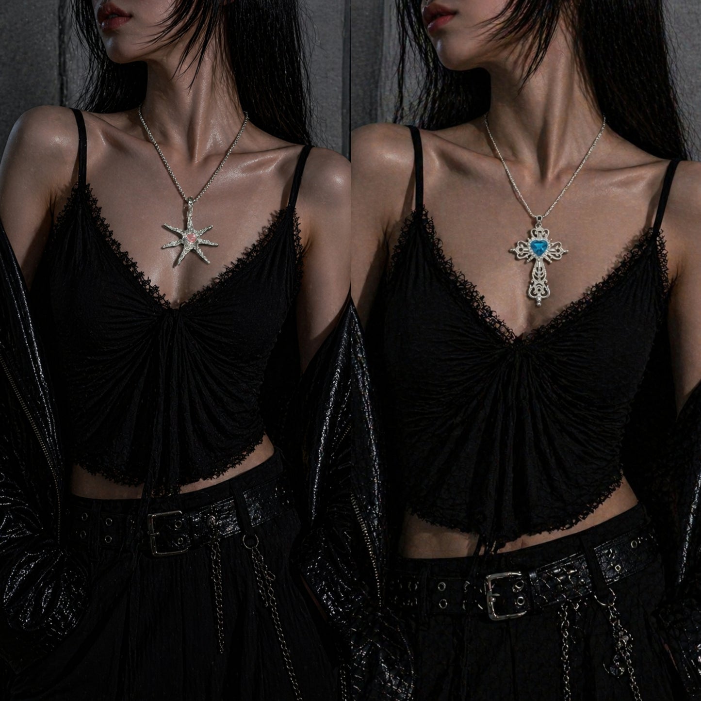 Spiked Starfish & Filigree Cross Heart Necklace Set worn around neck, dark moody background – Aslop Treasure
