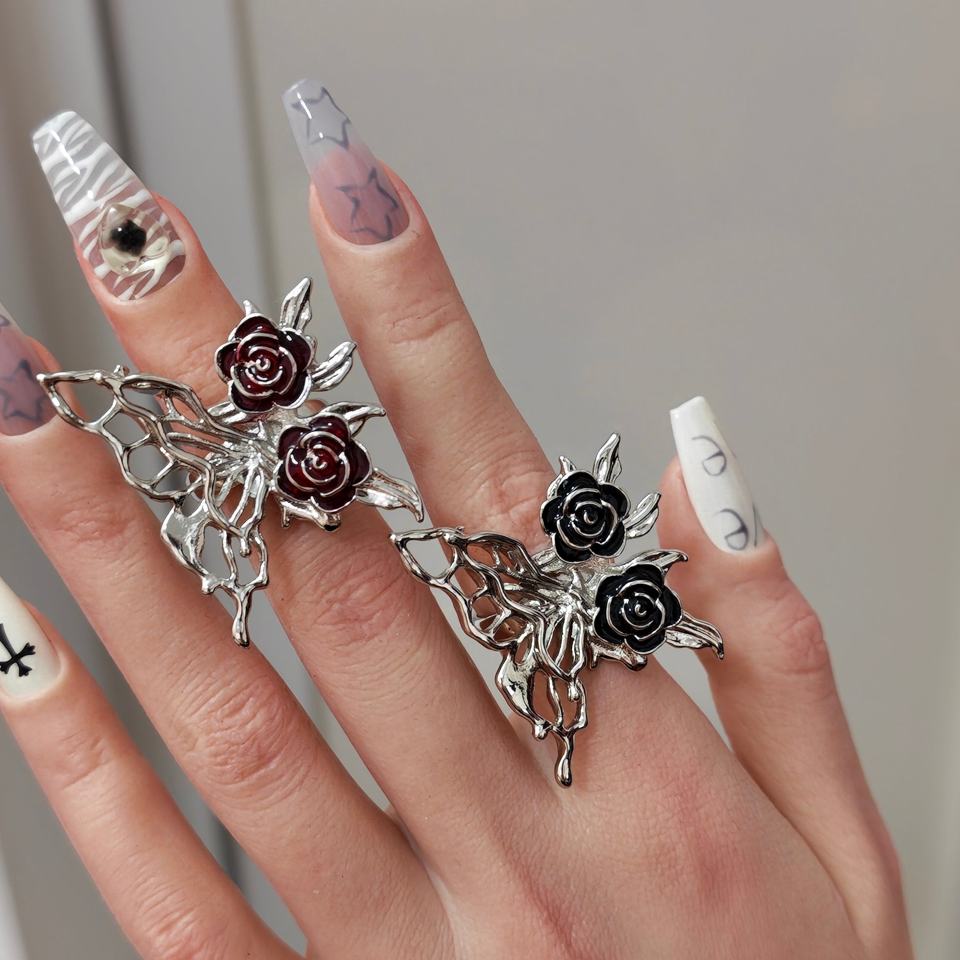 Butterfly Rose Ring detail view 7, silver finish alternative dark aesthetic