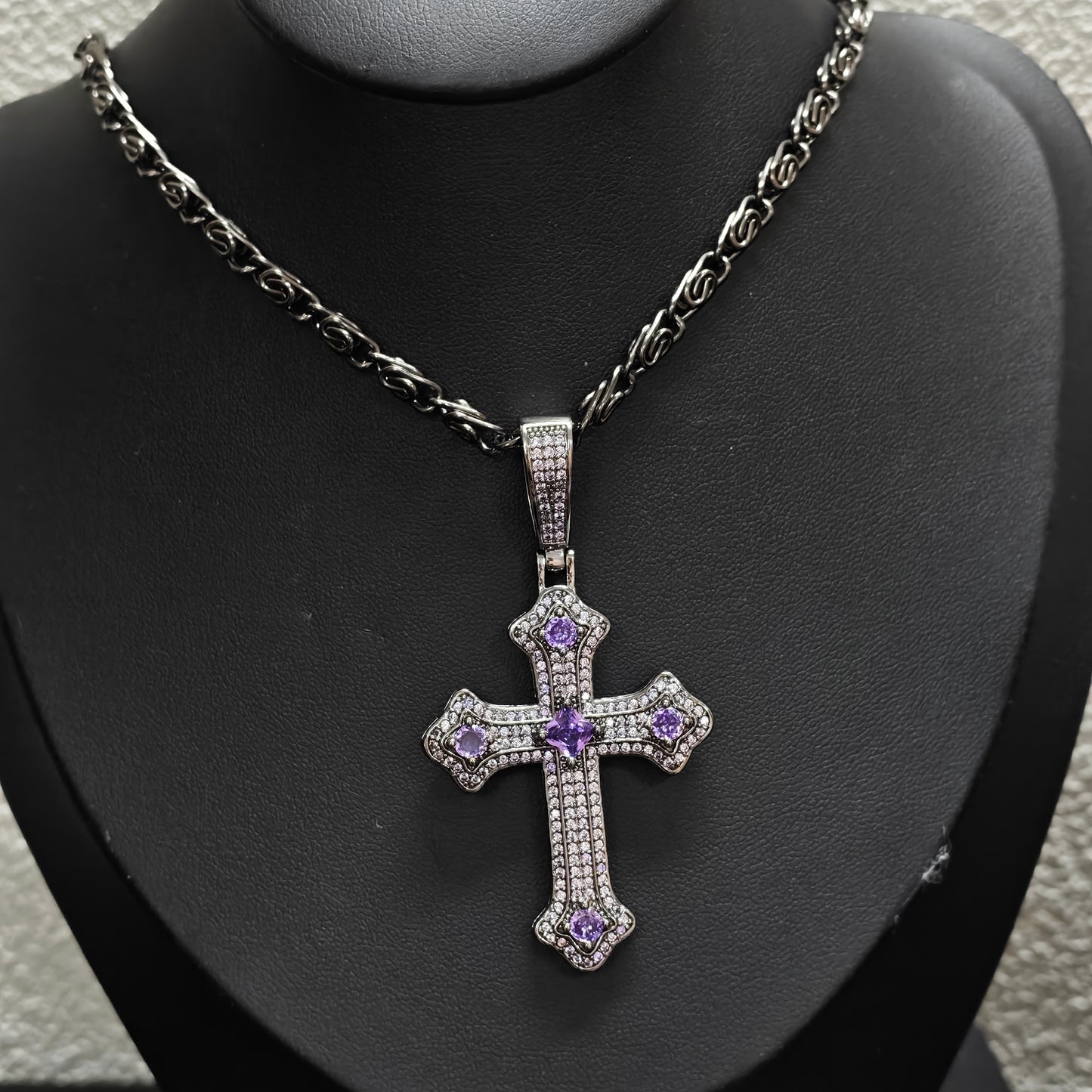 Gothic Cross Necklace detail view 4, dark pink finish gothic dark aesthetic