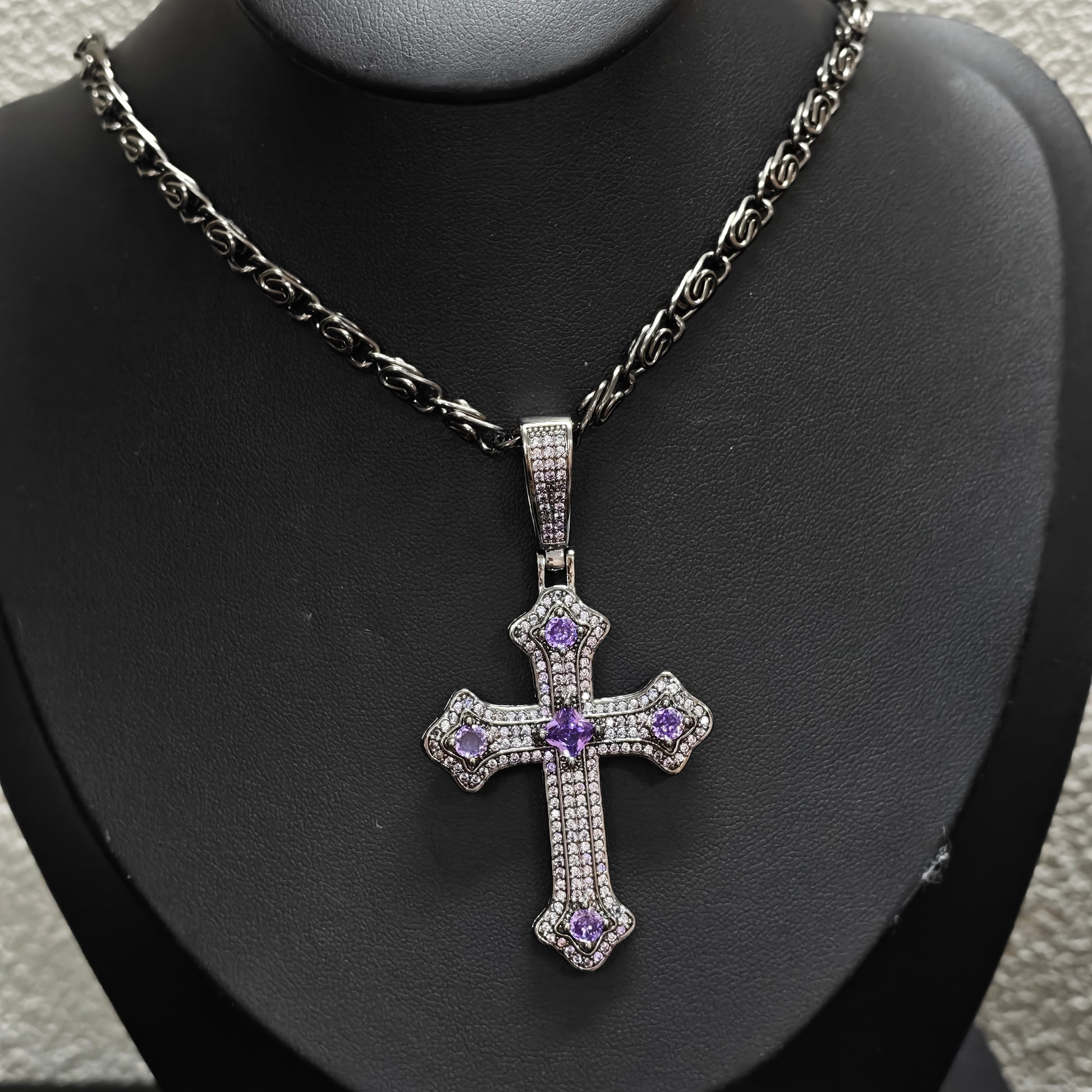 Gothic Cross Necklace detail view 4, dark pink finish gothic dark aesthetic