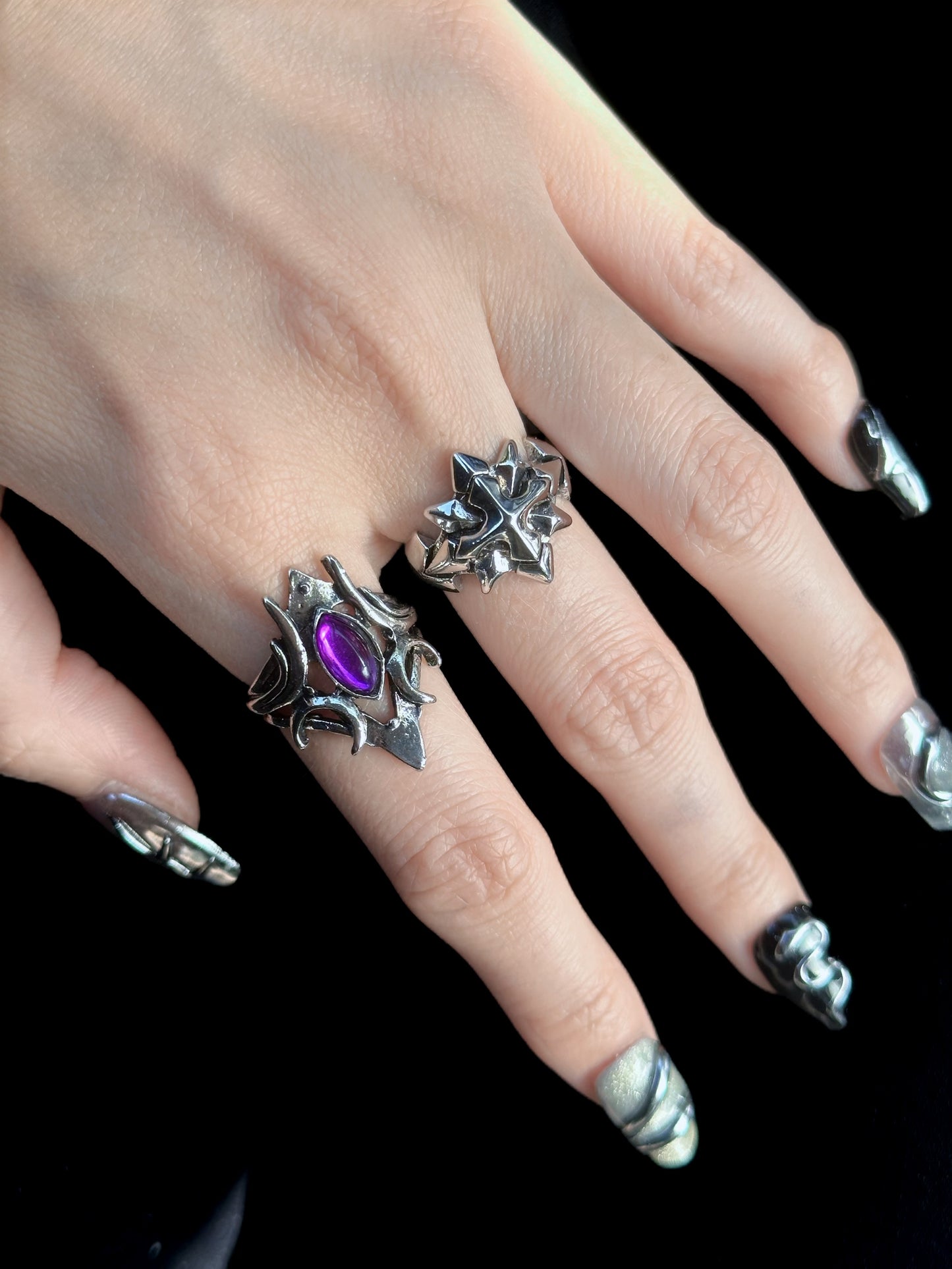Gothic Romance Aesthetic Ring Collection close-up detail view showing dark finish