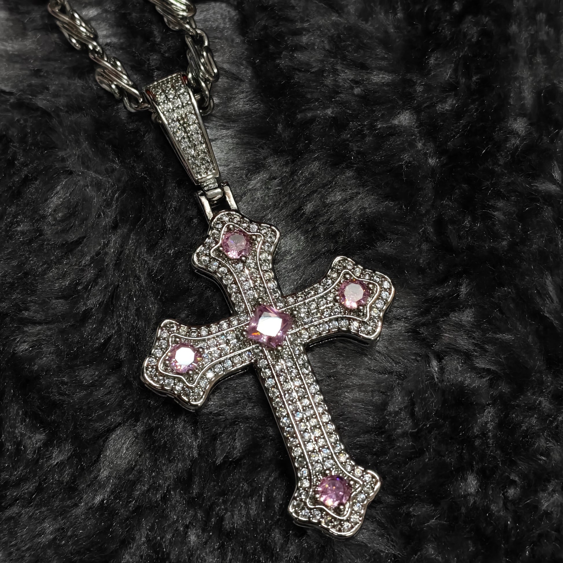 Gothic Cross Necklace in open Aslop Jewelry white gift box, overhead flat view