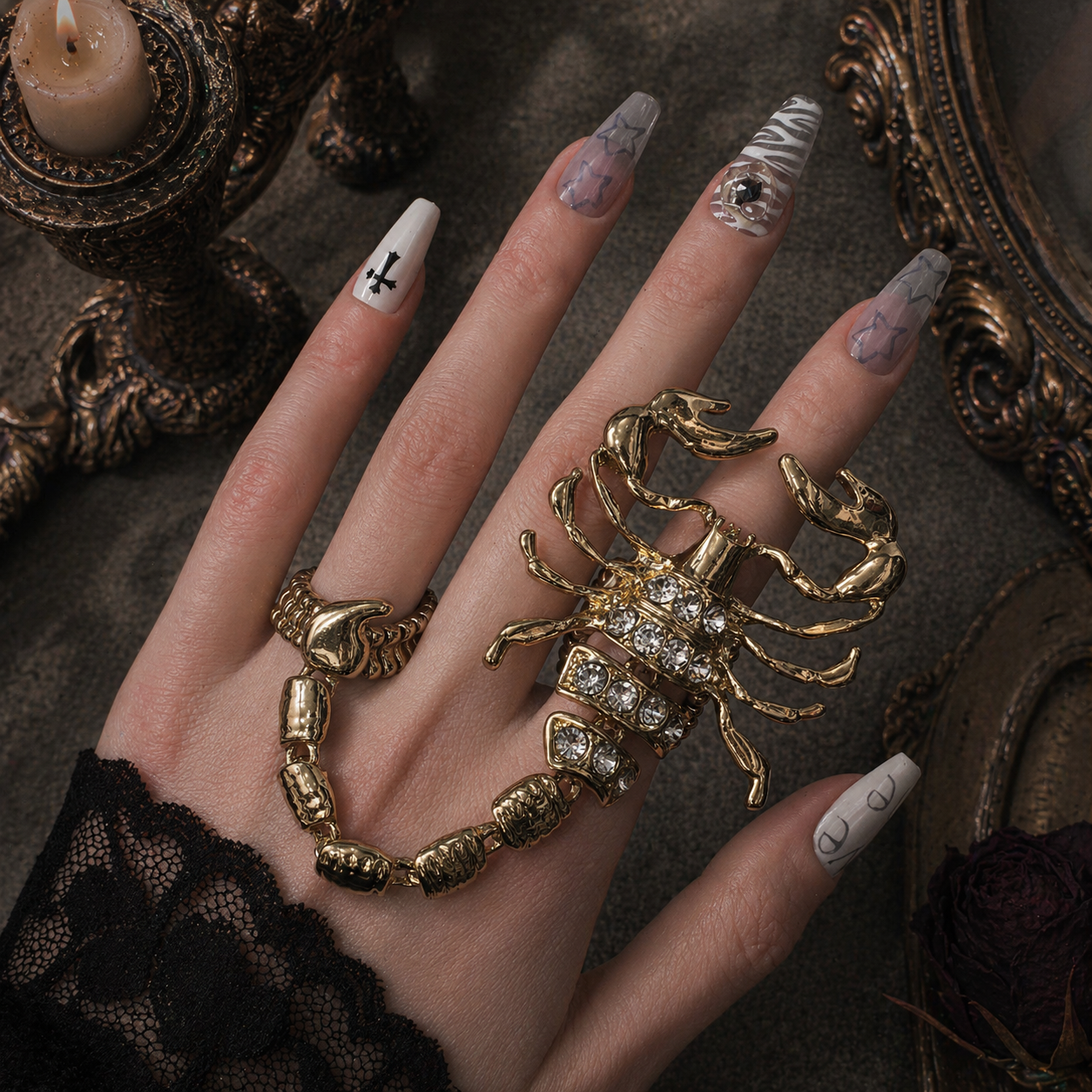 Scorpion Ring on black mannequin hand, front view close-up