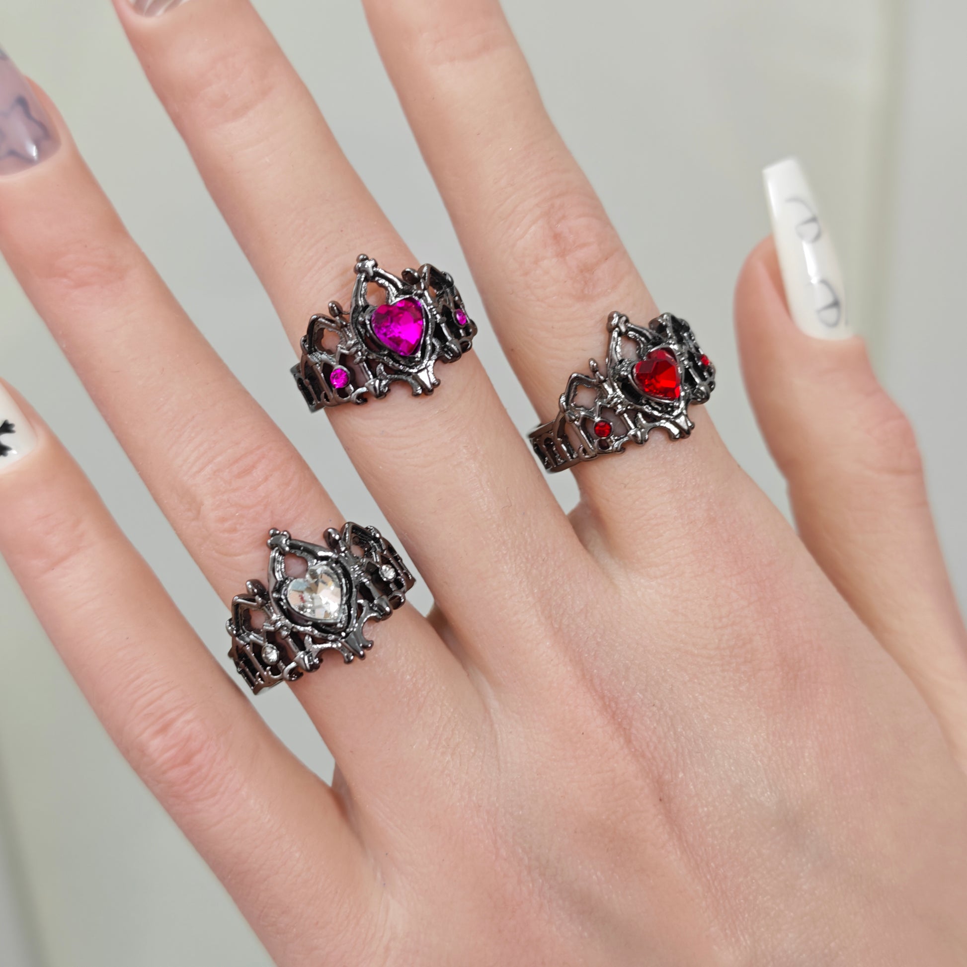 Gothic Heart Crown Ring in open Aslop Jewelry white gift box, overhead flat view