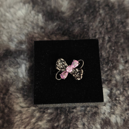 Pink Flutter Duo: Adjustable Butterfly Heart & Crystal Stacking Rings