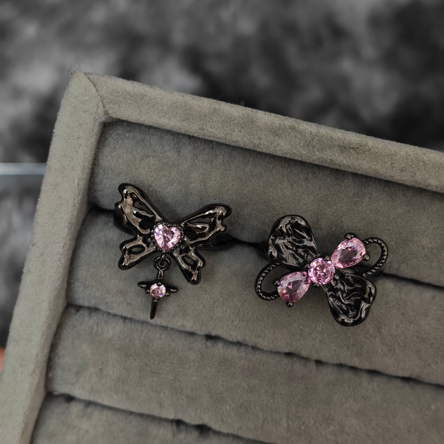 Pink Flutter Duo: Adjustable Butterfly Heart & Crystal Stacking Rings