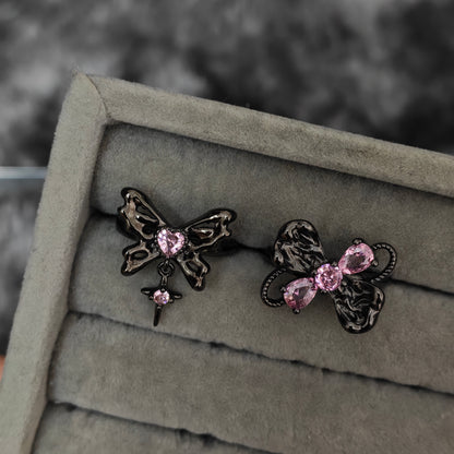 Pink Flutter Duo: Adjustable Butterfly Heart & Crystal Stacking Rings