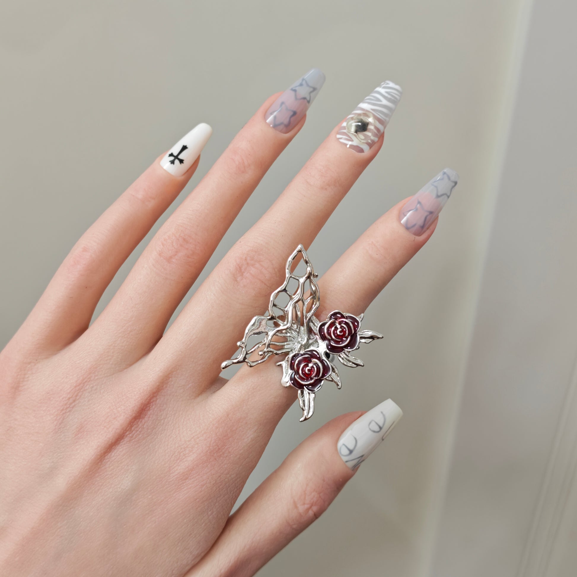 Butterfly Rose Ring detail view 2, silver finish alternative dark aesthetic