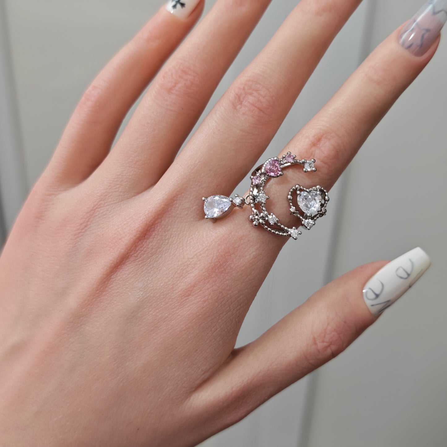 Heart Drop Chain Ring detail view 5, silver finish alternative dark aesthetic