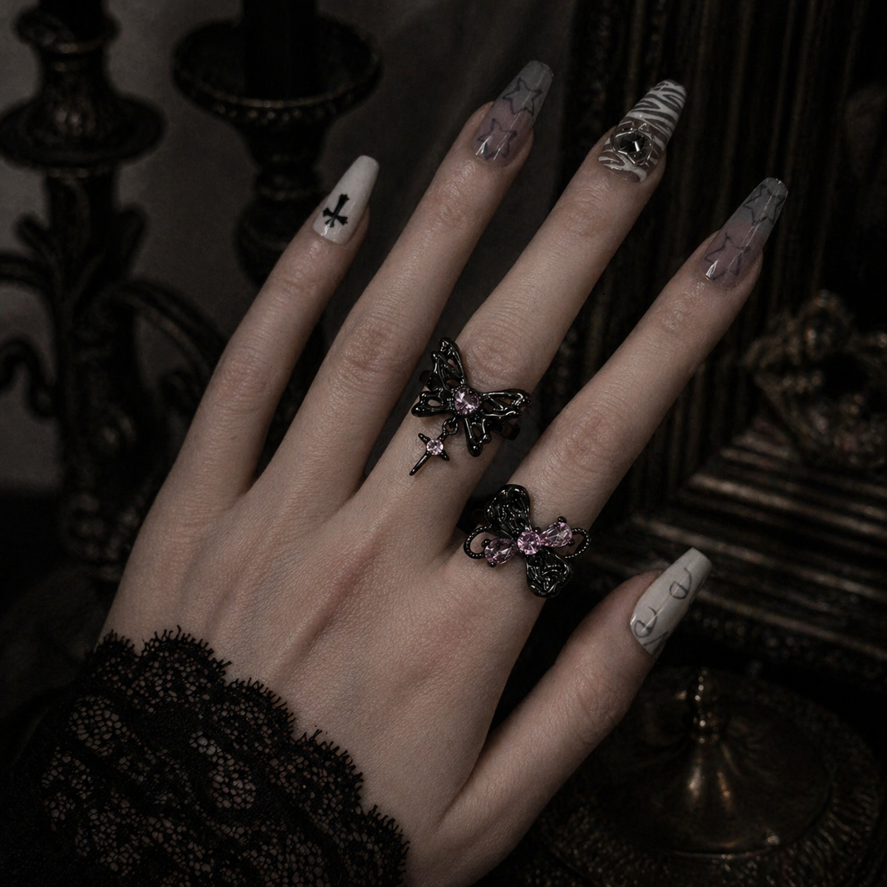 Pink Flutter Duo Adjustable Butterfly Heart & Crystal Stacking Rings detail view 2, pink finish alternative dark aesthetic