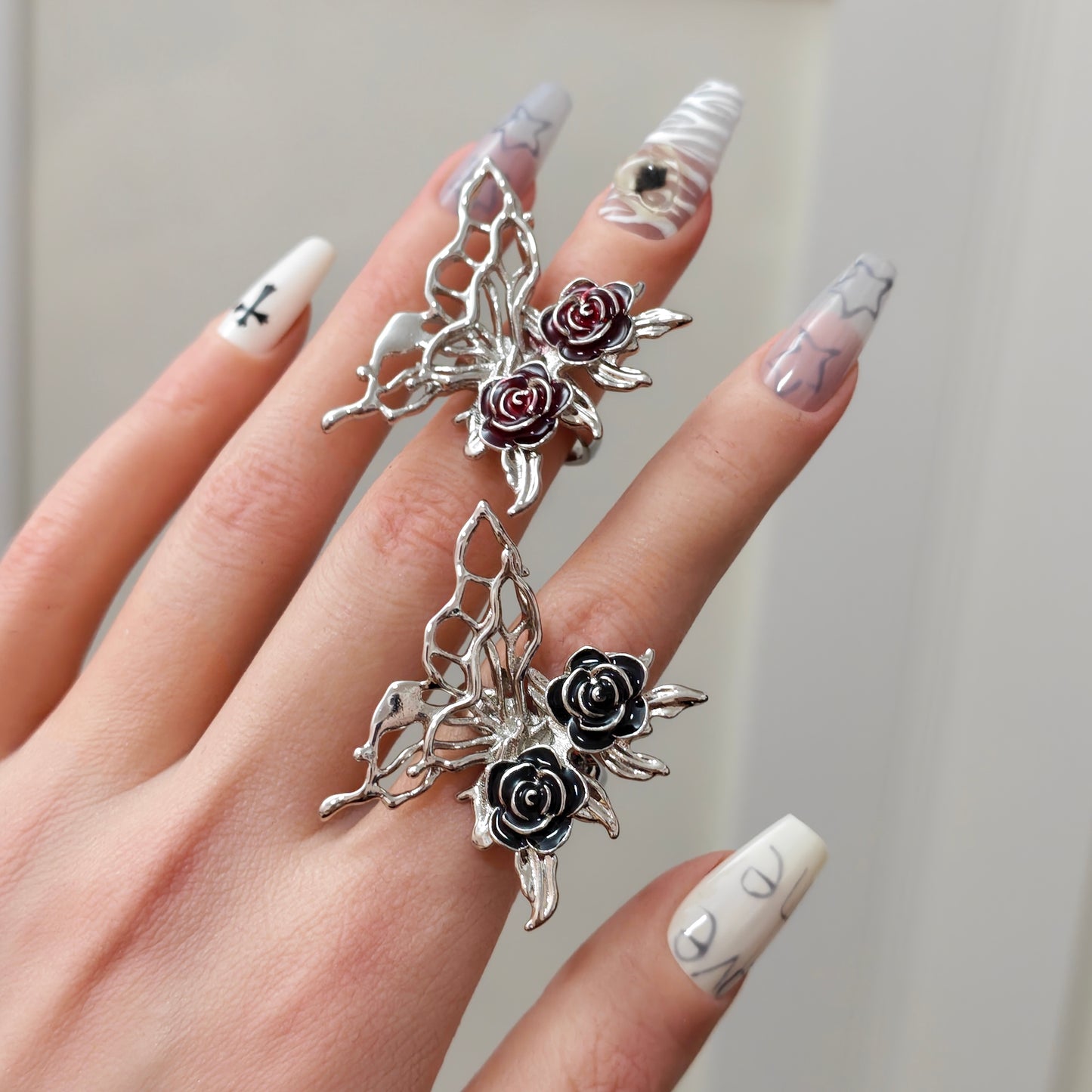 Butterfly Rose Ring detail view 6, silver finish alternative dark aesthetic