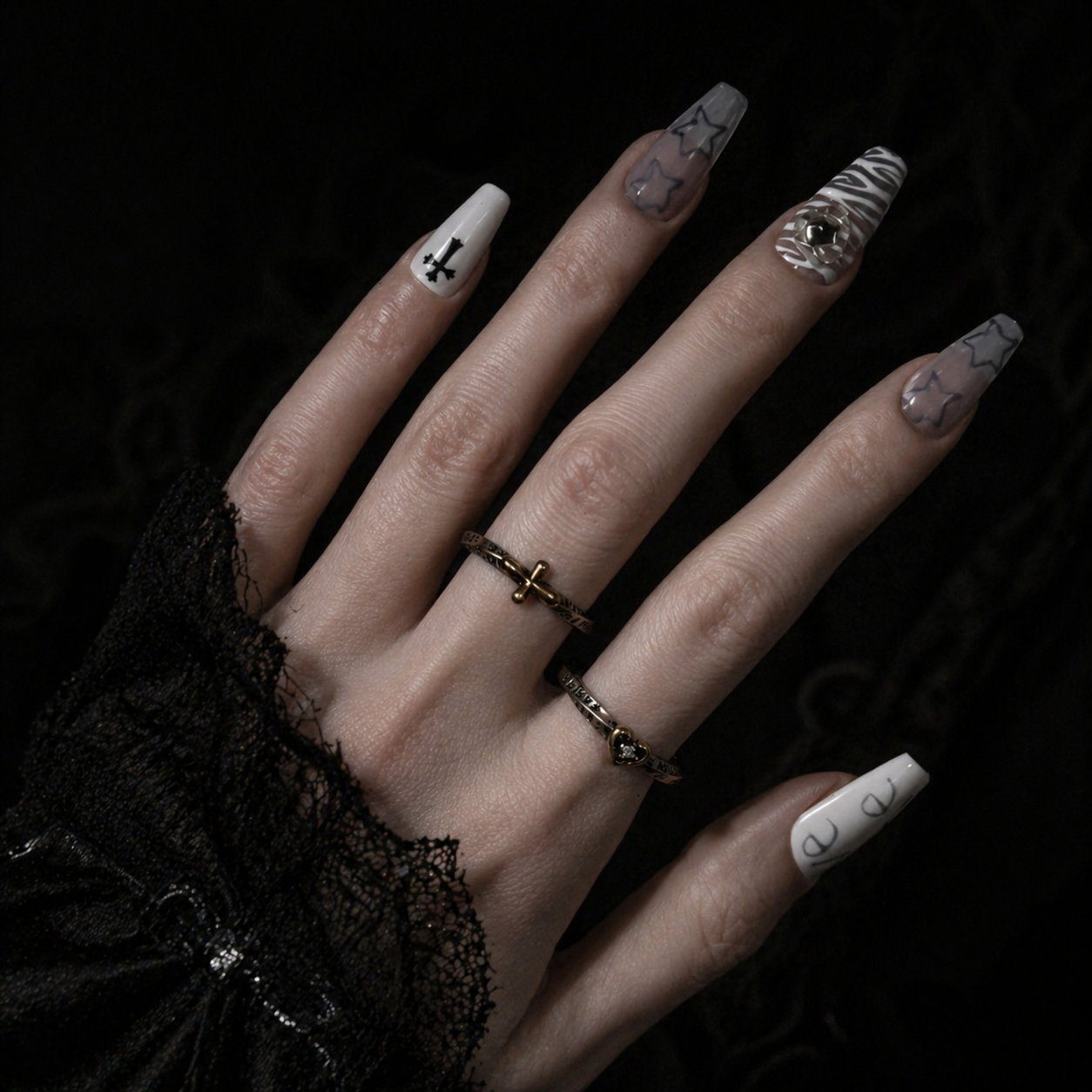 Engraved Letter Double Band Ring worn on finger, dark moody background – Aslop Treasure
