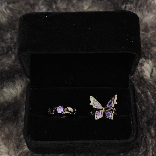 Gothic Purple Butterfly Adjustable Ring on black mannequin hand, front view close-up