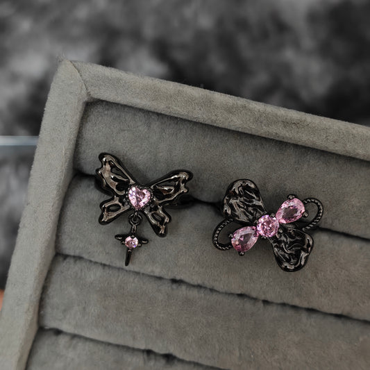 Pink Flutter Duo: Adjustable Butterfly Heart & Crystal Stacking Rings