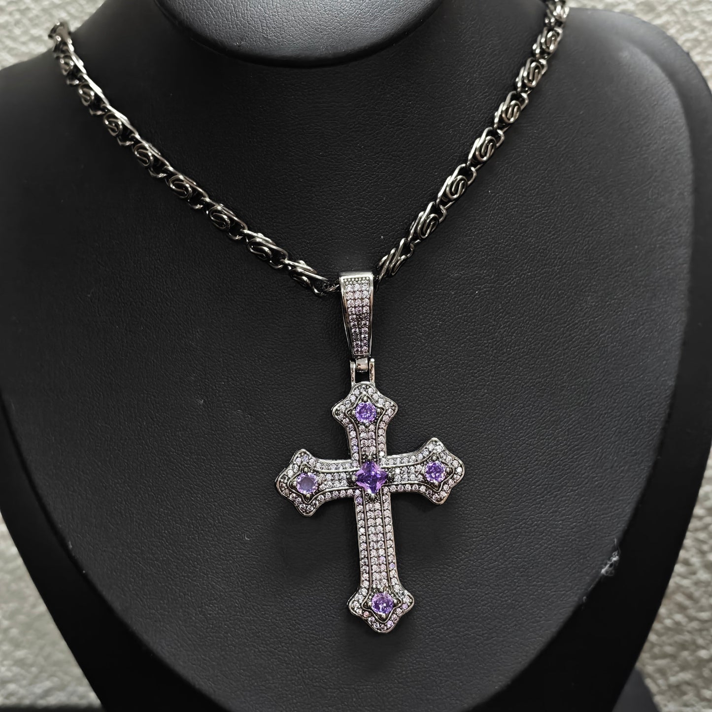 Gothic Cross Necklace detail view 1, dark pink finish gothic dark aesthetic